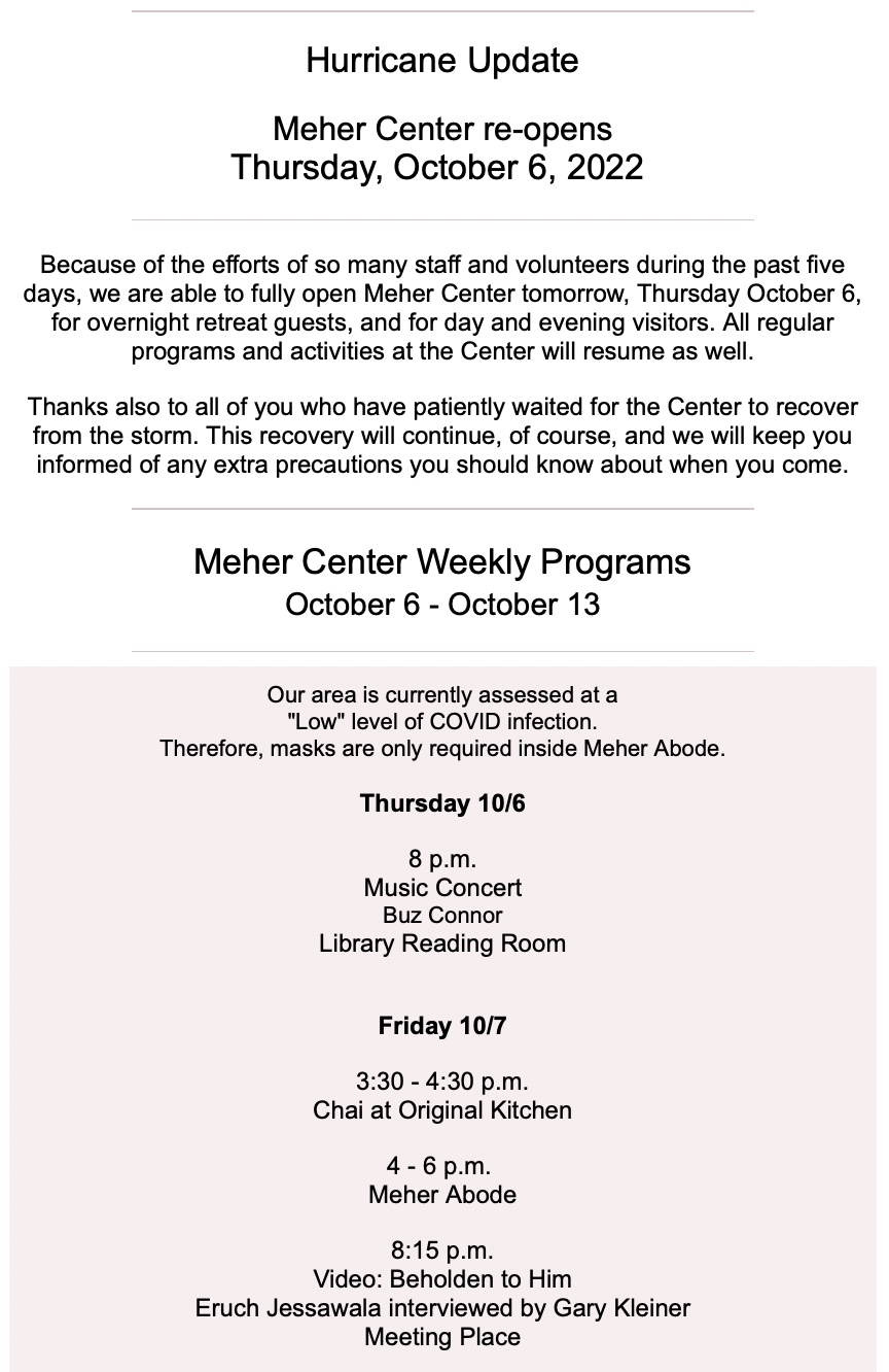 Weekly Calendar Meher Spiritual Center